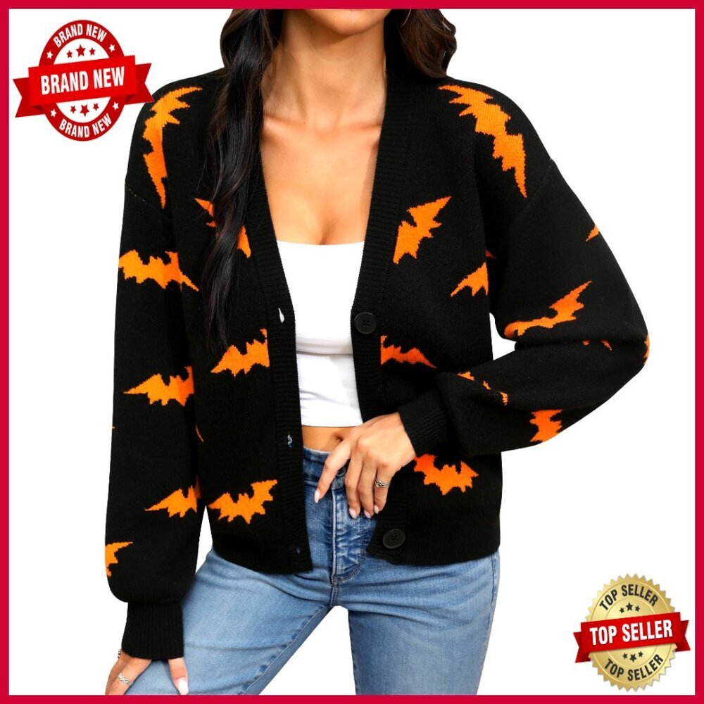 Cropped Skeleton Knit Cardigan Long Sleeve V-Neck Button Down Sweater
